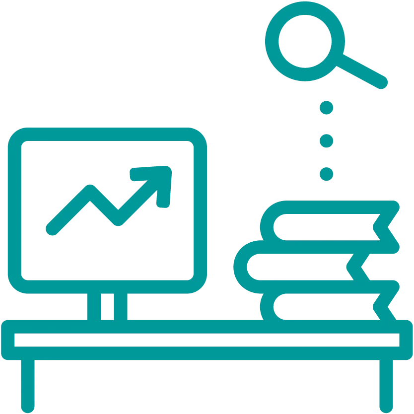 Pictogramme d'un bureau avec des livres et une loupe pour symboliser la formation
